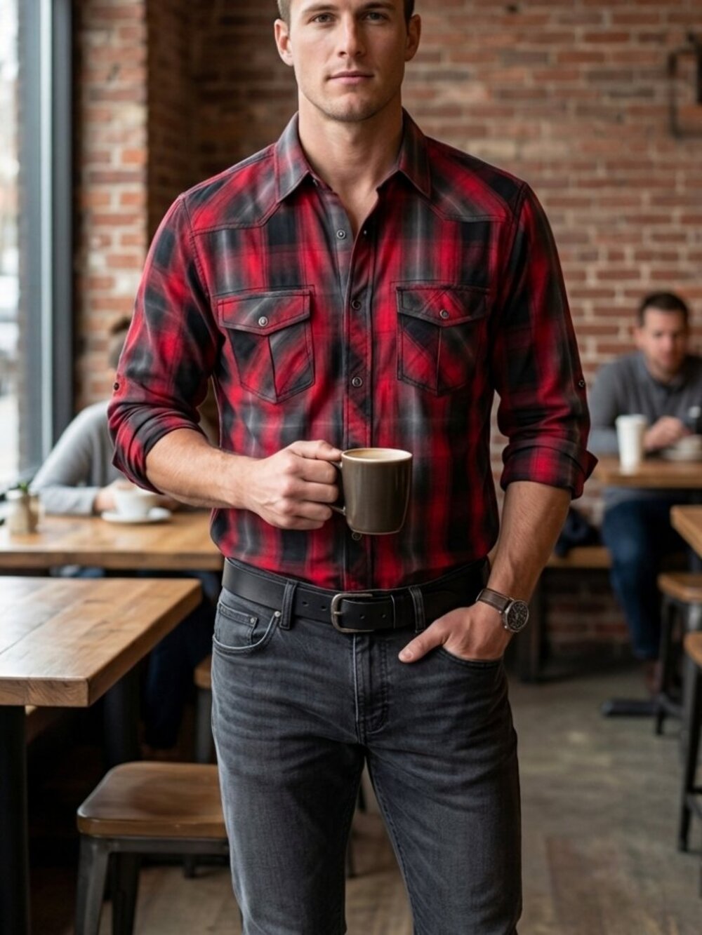 Rock & Republic Red Black Plaid Roll-Tab Sleeve Western Yoke Shirt - Size S